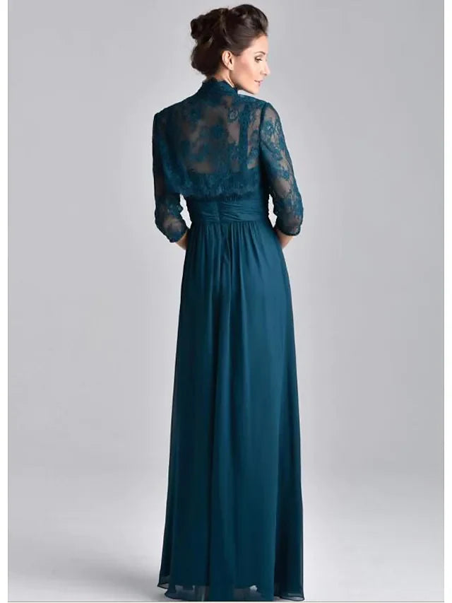 Wholesale Two Piece A-Line Mother of the Bride Dress Elegant Spaghetti Strap Floor Length Chiffon Lace 3/4 Length Sleeve with Embroidery